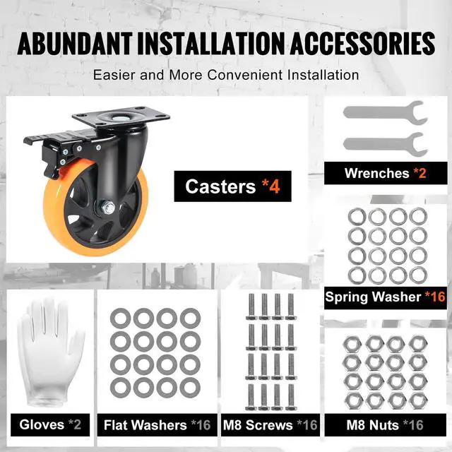 Alt view image 5 of 7 - Caster Wheels, 5-inch Swivel Plate Casters, Set of 4, with Security A/B Locking No Noise PVC Wheels, Heavy Duty 450 lbs Load Capacity Per Caster, Non-Marking Wheels for Cart Furniture Workbench