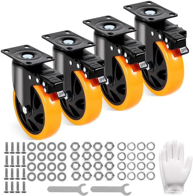 Main image of Caster Wheels, 5-inch Swivel Plate Casters, Set of 4, with Security A/B Locking No Noise PVC Wheels, Heavy Duty 450 lbs Load Capacity Per Caster, Non-Marking Wheels for Cart Furniture Workbench