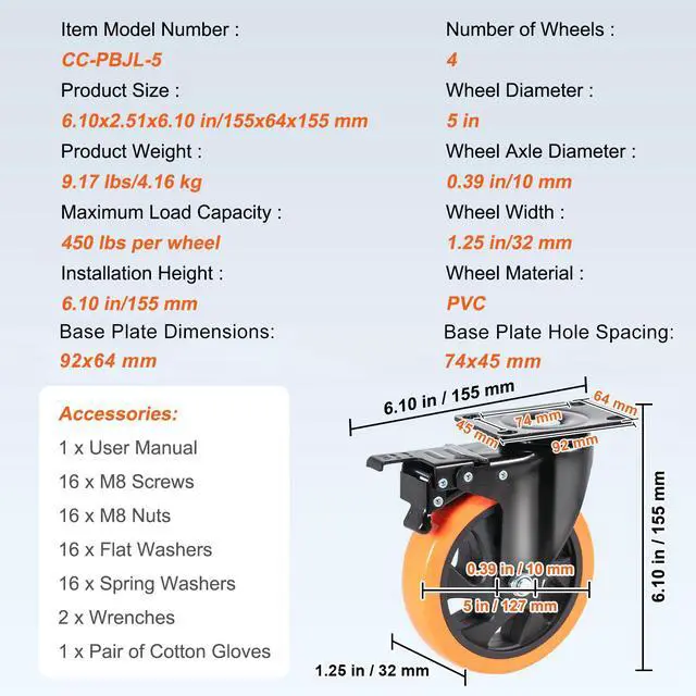 Alt view image 7 of 7 - Caster Wheels, 5-inch Swivel Plate Casters, Set of 4, with Security A/B Locking No Noise PVC Wheels, Heavy Duty 450 lbs Load Capacity Per Caster, Non-Marking Wheels for Cart Furniture Workbench