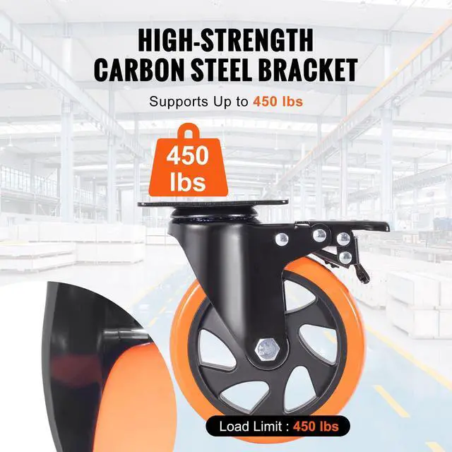 Alt view image 4 of 7 - Caster Wheels, 5-inch Swivel Plate Casters, Set of 4, with Security A/B Locking No Noise PVC Wheels, Heavy Duty 450 lbs Load Capacity Per Caster, Non-Marking Wheels for Cart Furniture Workbench