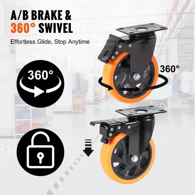 Alt view image 3 of 7 - Caster Wheels, 5-inch Swivel Plate Casters, Set of 4, with Security A/B Locking No Noise PVC Wheels, Heavy Duty 450 lbs Load Capacity Per Caster, Non-Marking Wheels for Cart Furniture Workbench