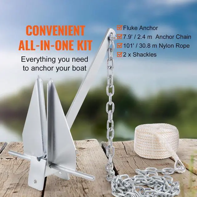 Alt view image 2 of 7 - Fluke Style Anchor Kit, 13 LBS Hot-Dipped Galvanized Steel Fluke Anchor with 7.9' Chain, 101' Rope and Two 0.4" Shackles, Marine Boat Anchor for Small Vessels Under 30', Seas, Rivers and Shores