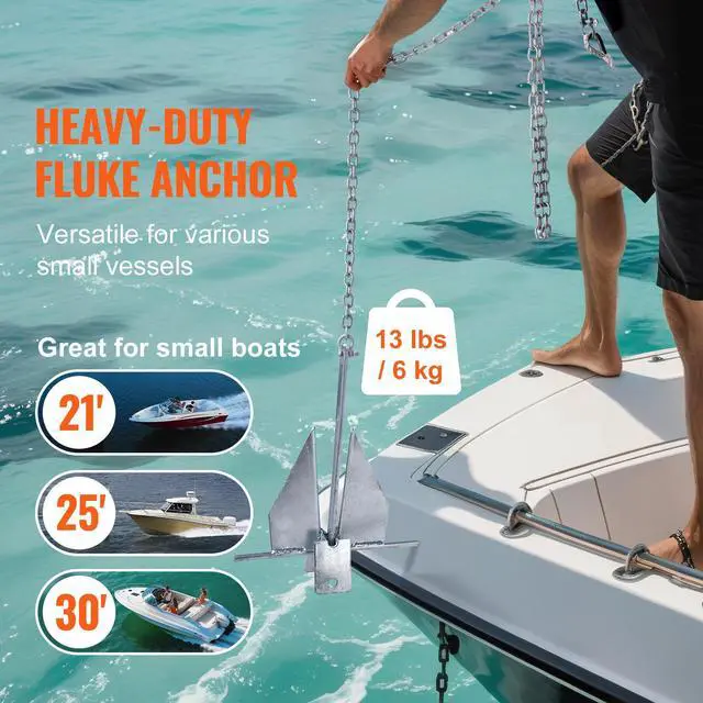 Alt view image 3 of 7 - Fluke Style Anchor Kit, 13 LBS Hot-Dipped Galvanized Steel Fluke Anchor with 7.9' Chain, 101' Rope and Two 0.4" Shackles, Marine Boat Anchor for Small Vessels Under 30', Seas, Rivers and Shores