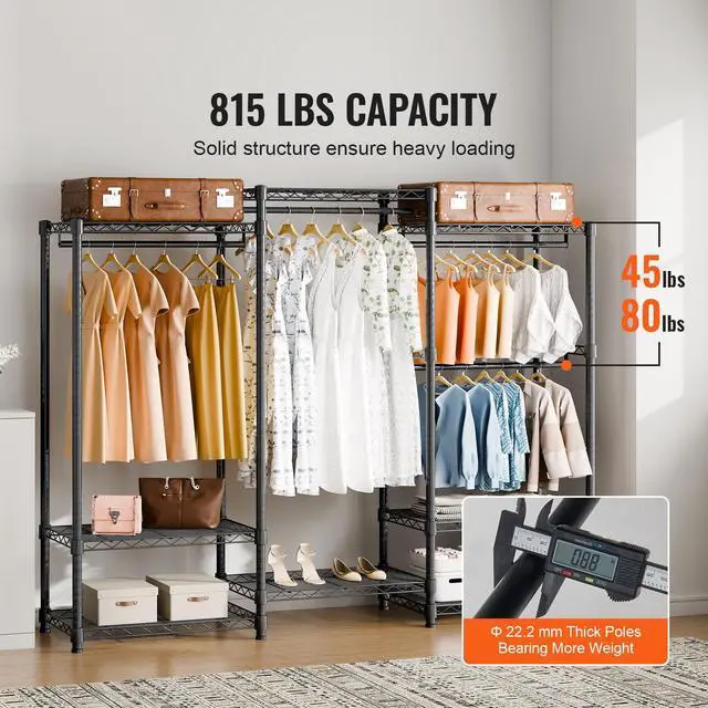 Alt view image 2 of 7 - Heavy Duty Clothes Rack, Rolling Clothing Garment Rack with 4 Hang Rods & 8 Storage Tiers, Adjustable Custom Closet Rack, Freestanding Wardrobe for Hanging Clothes, 800 lbs Load Capacity