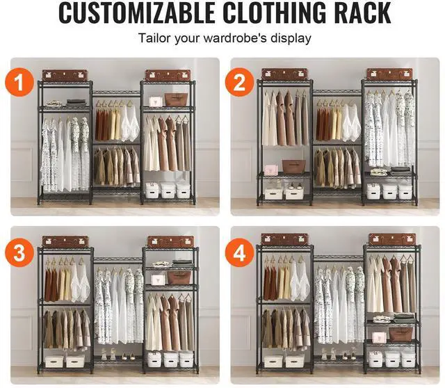 Alt view image 3 of 7 - Heavy Duty Clothes Rack, Rolling Clothing Garment Rack with 4 Hang Rods & 8 Storage Tiers, Adjustable Custom Closet Rack, Freestanding Wardrobe for Hanging Clothes, 800 lbs Load Capacity