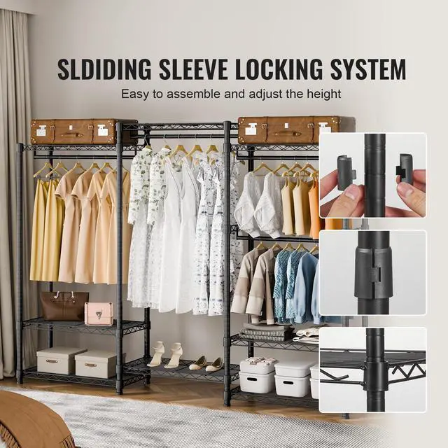 Alt view image 5 of 7 - Heavy Duty Clothes Rack, Rolling Clothing Garment Rack with 4 Hang Rods & 8 Storage Tiers, Adjustable Custom Closet Rack, Freestanding Wardrobe for Hanging Clothes, 800 lbs Load Capacity
