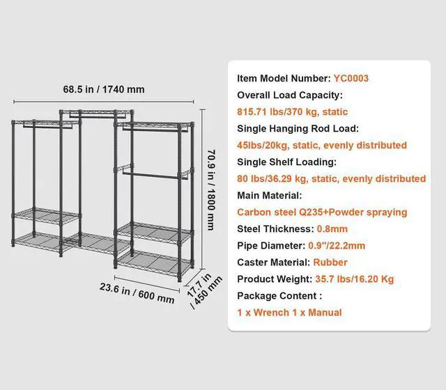 Alt view image 7 of 7 - Heavy Duty Clothes Rack, Rolling Clothing Garment Rack with 4 Hang Rods & 8 Storage Tiers, Adjustable Custom Closet Rack, Freestanding Wardrobe for Hanging Clothes, 800 lbs Load Capacity