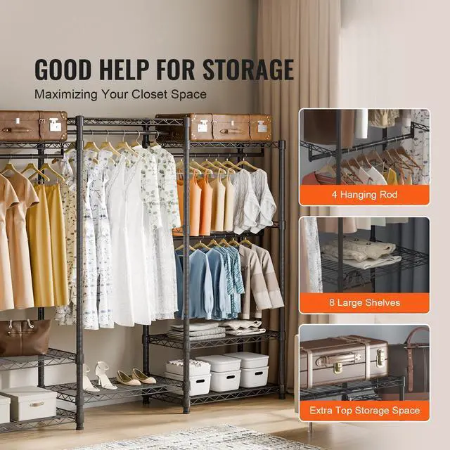 Alt view image 4 of 7 - Heavy Duty Clothes Rack, Rolling Clothing Garment Rack with 4 Hang Rods & 8 Storage Tiers, Adjustable Custom Closet Rack, Freestanding Wardrobe for Hanging Clothes, 800 lbs Load Capacity