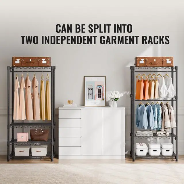 Alt view image 6 of 7 - Heavy Duty Clothes Rack, Rolling Clothing Garment Rack with 4 Hang Rods & 8 Storage Tiers, Adjustable Custom Closet Rack, Freestanding Wardrobe for Hanging Clothes, 800 lbs Load Capacity