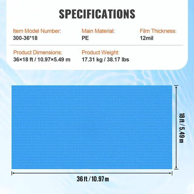Alt view image 7 of 7 - Solar Pool Cover, 36 x 18 ft Rectangle Solar Blanket for Pools, Inground Above Ground Swimming Pool Solar Cover, 12 mil Solar Covers Blue