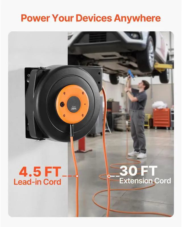 Alt view image 2 of 7 - Retractable Extension Cord Reel, 30 FT, Heavy Duty 16AWG/3C SJTOW Power Cord, with Lighted Triple Tap Outlet 10 Amp Circuit Breaker, for Ceiling or Wall Mount Garage and Shop, ETL Listed