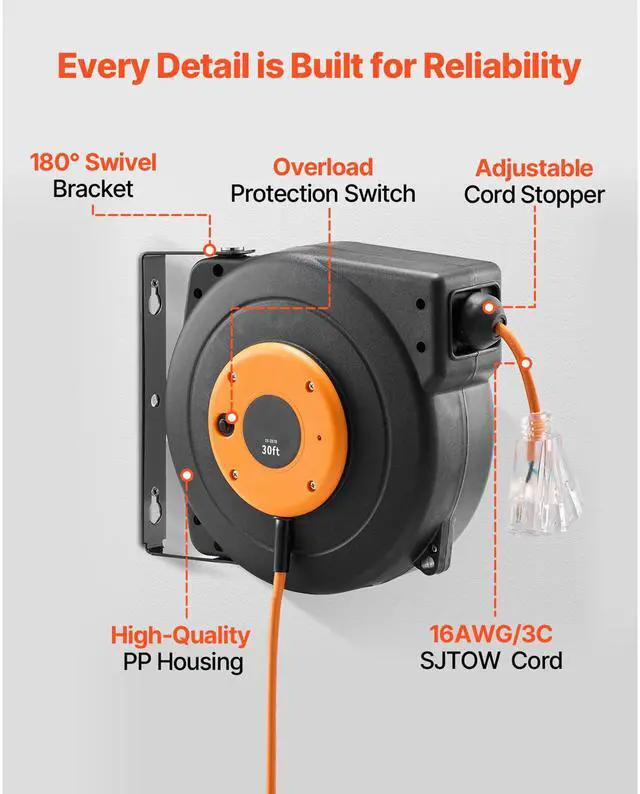 Alt view image 3 of 7 - Retractable Extension Cord Reel, 30 FT, Heavy Duty 16AWG/3C SJTOW Power Cord, with Lighted Triple Tap Outlet 10 Amp Circuit Breaker, for Ceiling or Wall Mount Garage and Shop, ETL Listed