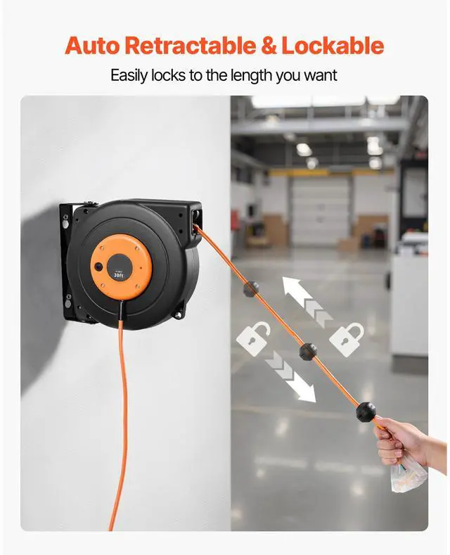 Alt view image 5 of 7 - Retractable Extension Cord Reel, 30 FT, Heavy Duty 16AWG/3C SJTOW Power Cord, with Lighted Triple Tap Outlet 10 Amp Circuit Breaker, for Ceiling or Wall Mount Garage and Shop, ETL Listed