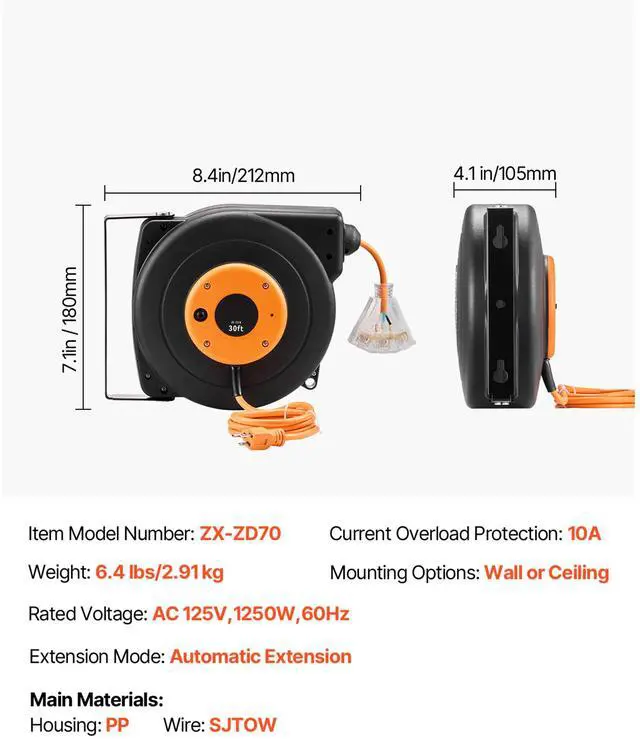 Alt view image 7 of 7 - Retractable Extension Cord Reel, 30 FT, Heavy Duty 16AWG/3C SJTOW Power Cord, with Lighted Triple Tap Outlet 10 Amp Circuit Breaker, for Ceiling or Wall Mount Garage and Shop, ETL Listed