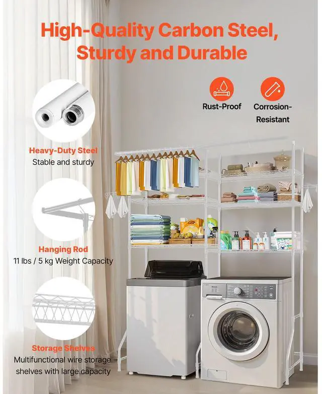 Alt view image 6 of 7 - Over Washer and Dryer Storage Shelves, 6 Tiers Laundry Room Drying Rack with Hanger Rod and Hooks, Two Rows Adjustable Washer Shelves Space Saver, for Laundry Room Storage & Organization, White