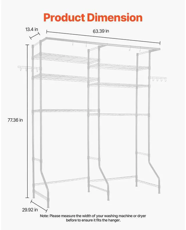 Alt view image 2 of 7 - Over Washer and Dryer Storage Shelves, 6 Tiers Laundry Room Drying Rack with Hanger Rod and Hooks, Two Rows Adjustable Washer Shelves Space Saver, for Laundry Room Storage & Organization, White