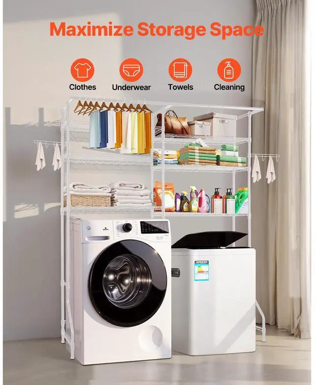 Alt view image 3 of 7 - Over Washer and Dryer Storage Shelves, 6 Tiers Laundry Room Drying Rack with Hanger Rod and Hooks, Two Rows Adjustable Washer Shelves Space Saver, for Laundry Room Storage & Organization, White