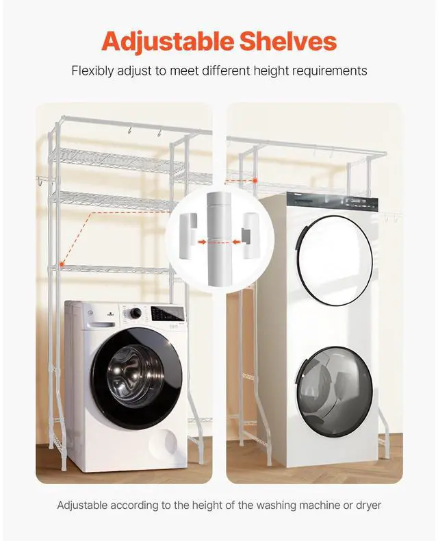 Alt view image 4 of 7 - Over Washer and Dryer Storage Shelves, 6 Tiers Laundry Room Drying Rack with Hanger Rod and Hooks, Two Rows Adjustable Washer Shelves Space Saver, for Laundry Room Storage & Organization, White