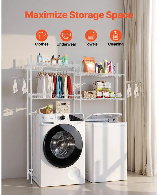 Alt view image 3 of 7 - Over Washer and Dryer Storage Shelves, 4 Tiers Laundry Room Drying Rack with Hanger Rod and Hooks, Two Rows Adjustable Washer Shelves Space Saver, for Laundry Room Storage & Organization, White