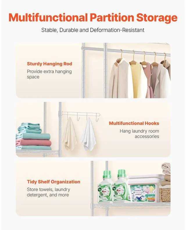 Alt view image 5 of 7 - Over Washer and Dryer Storage Shelves, 4 Tiers Laundry Room Drying Rack with Hanger Rod and Hooks, Two Rows Adjustable Washer Shelves Space Saver, for Laundry Room Storage & Organization, White