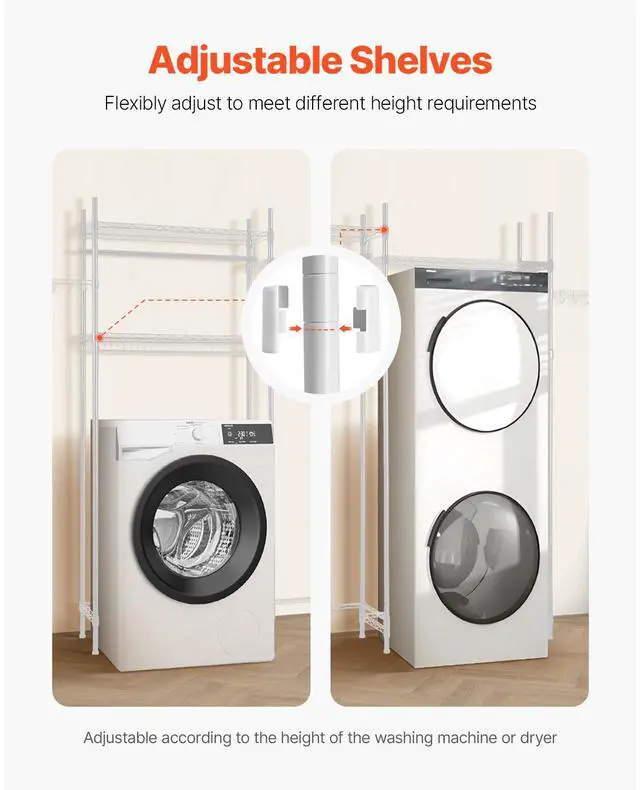 Alt view image 4 of 7 - Over Washer and Dryer Storage Shelves, 4 Tiers Laundry Room Drying Rack with Hanger Rod and Hooks, Two Rows Adjustable Washer Shelves Space Saver, for Laundry Room Storage & Organization, White