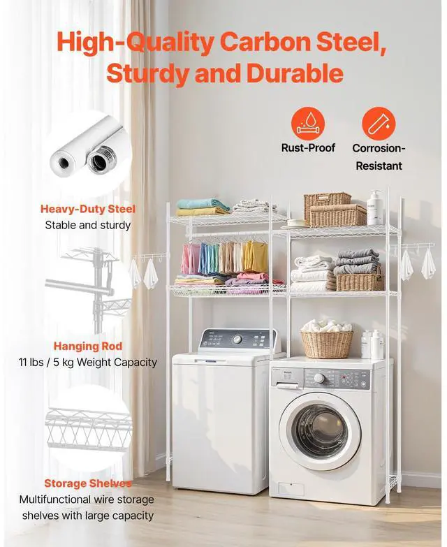 Alt view image 6 of 7 - Over Washer and Dryer Storage Shelves, 4 Tiers Laundry Room Drying Rack with Hanger Rod and Hooks, Two Rows Adjustable Washer Shelves Space Saver, for Laundry Room Storage & Organization, White