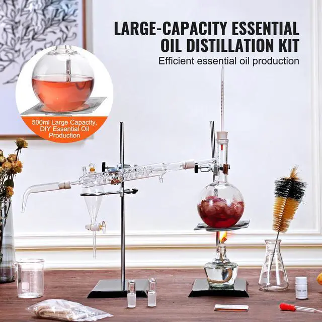 Alt view image 2 of 7 - Essential Oil Distillation Kit, 500ml Distillation Apparatus, 3.3 Boro Lab Glassware Distillation Kit with Alcohol Lamp, Ceramic Mesh and 24, 40 Joint, 28 pcs Set