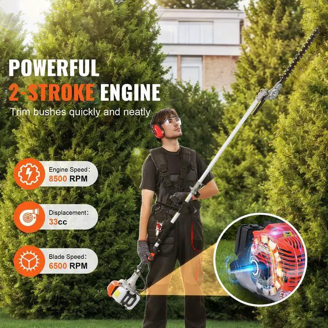 Alt view image 2 of 7 - 33CC 6-in-1 Multi-Functional Trimming Tools, Gas Hedge Trimmer, Weed Eater, String Trimmer, Brush Cutter, Edger, Pole Saw Chainsaw Pruner with Extension Pole