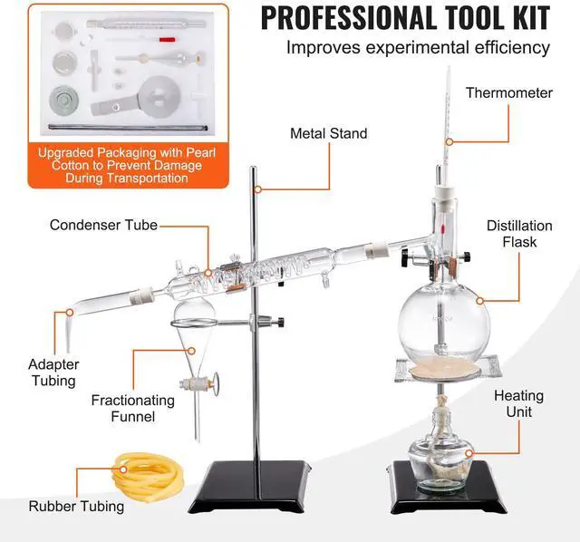 Alt view image 6 of 7 - Essential Oil Distillation Kit, 500ml Distillation Apparatus, 3.3 Boro Lab Glassware Distillation Kit with Alcohol Lamp, Ceramic Mesh and 24, 40 Joint, 28 pcs Set