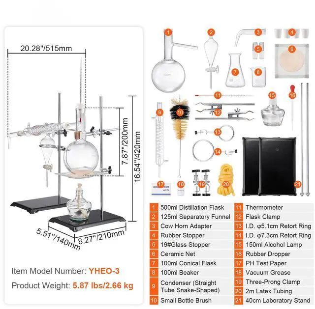 Alt view image 7 of 7 - Essential Oil Distillation Kit, 500ml Distillation Apparatus, 3.3 Boro Lab Glassware Distillation Kit with Alcohol Lamp, Ceramic Mesh and 24, 40 Joint, 28 pcs Set