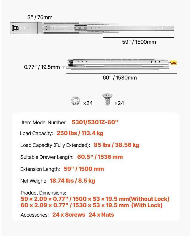 Alt view image 7 of 7 - Set of Two Drawer Rails, Sizes Ranging from 16 to 60 inches, 250 lbs Weight Limit, Locking Mechanism Included, Ball Bearing Side Mount Slide Rail