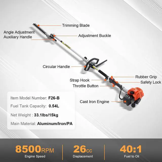 Alt view image 7 of 7 - 26CC 5-in-1 Multi-Functional Trimming Tools, Gas Hedge Trimmer, Weed Eater, String Trimmer, Edger, Pole Saw Chainsaw Pruner with Extension Pole