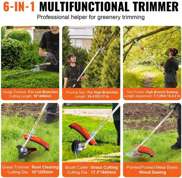 Alt view image 4 of 7 - 26CC 5-in-1 Multi-Functional Trimming Tools, Gas Hedge Trimmer, Weed Eater, String Trimmer, Edger, Pole Saw Chainsaw Pruner with Extension Pole