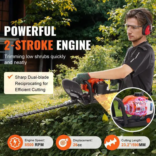 Alt view image 2 of 7 - 23.2-inch 26CC 2 Cycle Gas Hedge Trimmer, Gas Powered Handheld Hedge Trimmer with Dual Sided Dual Action Blade, 180° Adjustable Trimmer Head, Suitable for Trimming Shrubs, Low Bushes