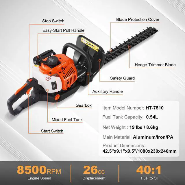 Alt view image 7 of 7 - 23.2-inch 26CC 2 Cycle Gas Hedge Trimmer, Gas Powered Handheld Hedge Trimmer with Dual Sided Dual Action Blade, 180° Adjustable Trimmer Head, Suitable for Trimming Shrubs, Low Bushes