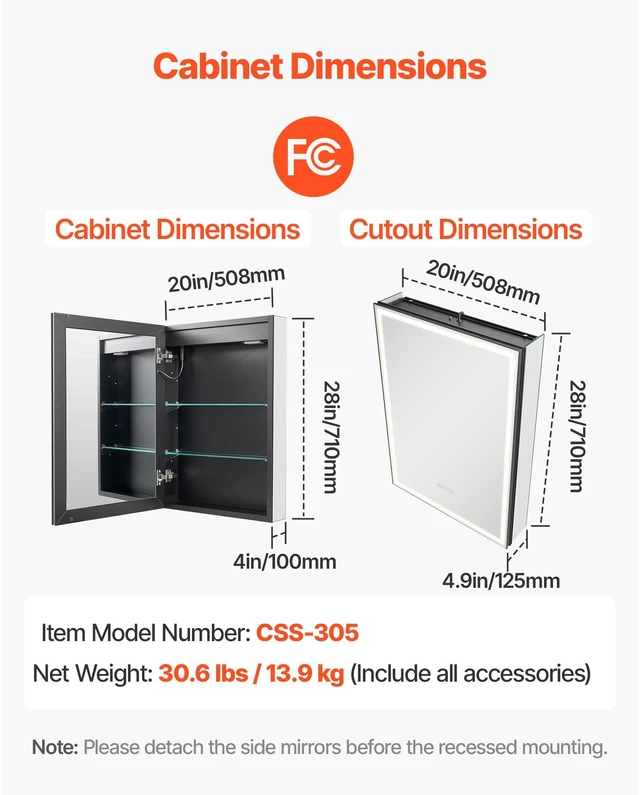 Alt view image 3 of 8 - Lighted Mirror Medicine Cabinet 20x28" Bottom Lighting Recessed Wall Mount