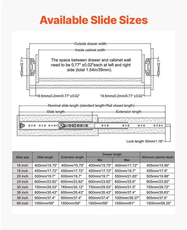 Alt view image 6 of 7 - Set of Two Drawer Rails, Sizes Ranging from 16 to 60 inches, 250 lbs Weight Limit, Locking Mechanism Included, Ball Bearing Side Mount Slide Rail