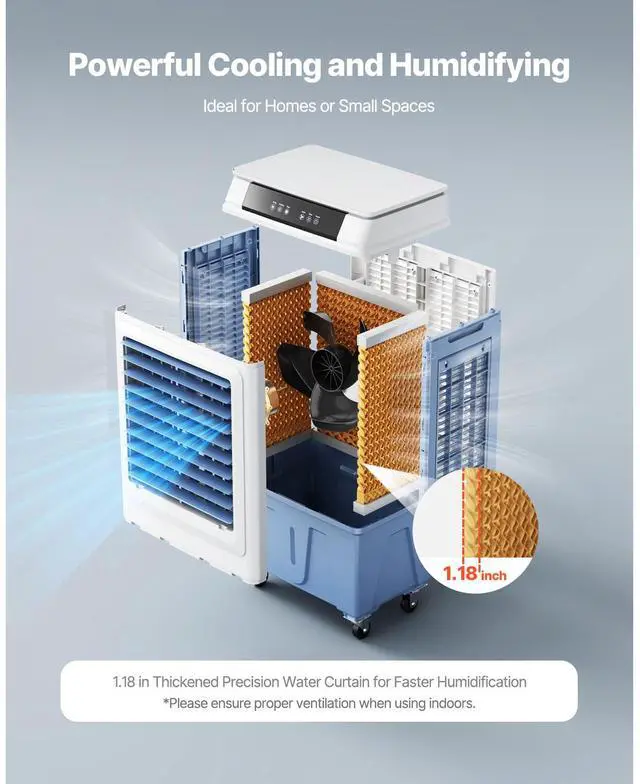 Alt view image 3 of 7 - Evaporative Air Cooler, 3100 CFM with 9 Gallon Water Tank Swamp Cooler, Portable Cooling Fan with Remote Control, 12H Timer, 4 Ice Boxes, Quiet Operation, 3 Wind Speeds for Outdoor Indoor Use