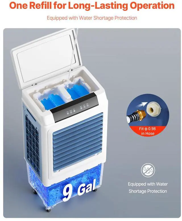 Alt view image 4 of 7 - Evaporative Air Cooler, 3100 CFM with 9 Gallon Water Tank Swamp Cooler, Portable Cooling Fan with Remote Control, 12H Timer, 4 Ice Boxes, Quiet Operation, 3 Wind Speeds for Outdoor Indoor Use