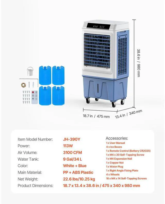 Alt view image 7 of 7 - Evaporative Air Cooler, 3100 CFM with 9 Gallon Water Tank Swamp Cooler, Portable Cooling Fan with Remote Control, 12H Timer, 4 Ice Boxes, Quiet Operation, 3 Wind Speeds for Outdoor Indoor Use