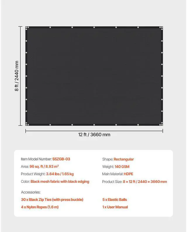 Alt view image 7 of 7 - 90% Sun Shade Cloth, 8 x 12 ft Pergola Shade Cover with Stainless Steel Grommets, Sun Shades Canopy Privacy Screen with 140 GSM HDPE Material, for Outdoor, Patio, Garden, and Backyard (Black)