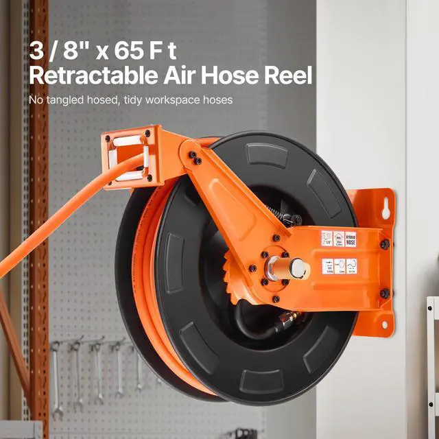 Alt view image 2 of 7 - Retractable Air Hose Reel with Double Arms, 3/8 IN x 65FT Hybrid Air Hose Max 300PSI, Air Compressor Hose Reel with 5FT Lead in, Ceiling/Wall Mount Heavy Duty Steel Reel for Workshop Garage