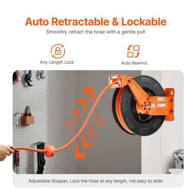 Alt view image 3 of 7 - Retractable Air Hose Reel with Double Arms, 3/8 IN x 65FT Hybrid Air Hose Max 300PSI, Air Compressor Hose Reel with 5FT Lead in, Ceiling/Wall Mount Heavy Duty Steel Reel for Workshop Garage