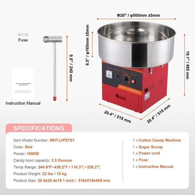 Alt view image 7 of 7 - Electric Cotton Candy Machine, 1000W Candy Floss Maker, Commercial Cotton Candy Machine with Stainless Steel Bowl, Sugar Scoop, and Drawer, Perfect for Home Kids Birthday, Family Party, Red