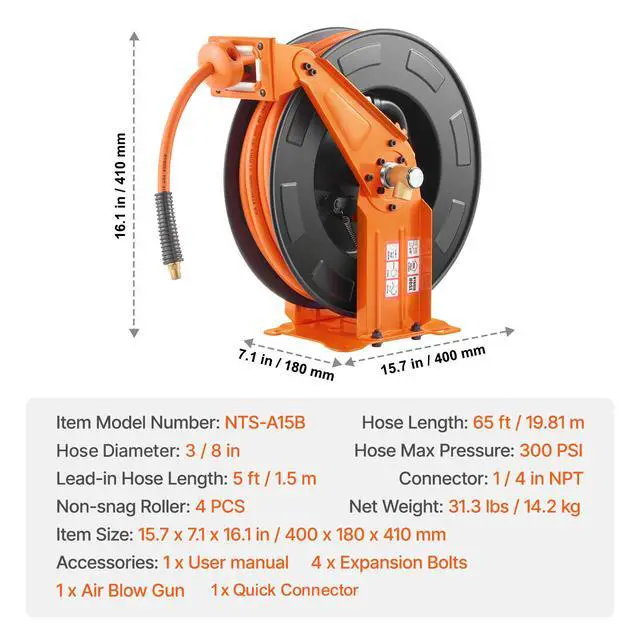 Alt view image 7 of 7 - Retractable Air Hose Reel with Double Arms, 3/8 IN x 65FT Hybrid Air Hose Max 300PSI, Air Compressor Hose Reel with 5FT Lead in, Ceiling/Wall Mount Heavy Duty Steel Reel for Workshop Garage