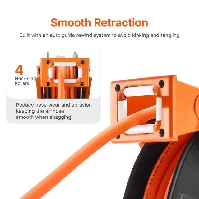 Alt view image 4 of 7 - Retractable Air Hose Reel with Double Arms, 3/8 IN x 65FT Hybrid Air Hose Max 300PSI, Air Compressor Hose Reel with 5FT Lead in, Ceiling/Wall Mount Heavy Duty Steel Reel for Workshop Garage