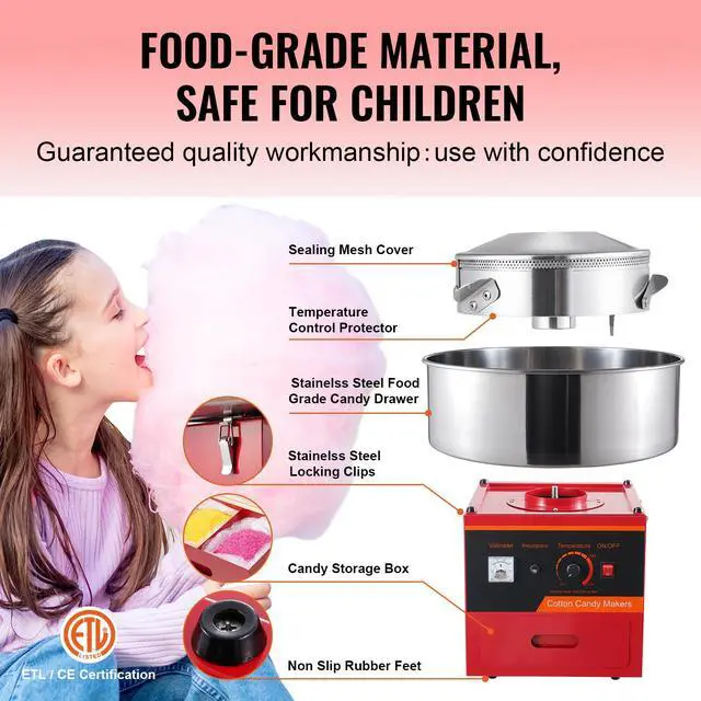 Alt view image 4 of 7 - Electric Cotton Candy Machine, 1000W Candy Floss Maker, Commercial Cotton Candy Machine with Stainless Steel Bowl, Sugar Scoop, and Drawer, Perfect for Home Kids Birthday, Family Party, Red