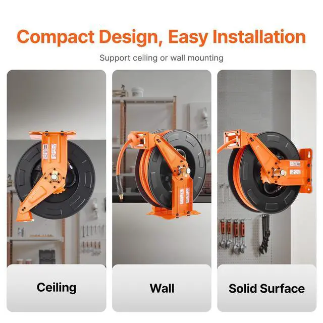 Alt view image 6 of 7 - Retractable Air Hose Reel with Double Arms, 3/8 IN x 65FT Hybrid Air Hose Max 300PSI, Air Compressor Hose Reel with 5FT Lead in, Ceiling/Wall Mount Heavy Duty Steel Reel for Workshop Garage