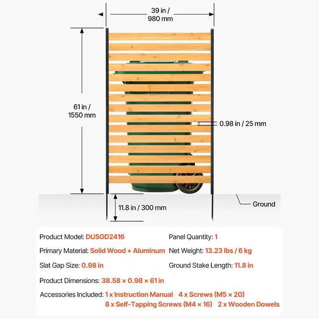 Alt view image 7 of 7 - Wood Privacy Fence, 39" W x 61" L, 1-Panel Air Conditioner Fence Screen, Pool Equipment Enclosure with Metal Stakes, Easy DIY Installation, Outdoor Trash Can Hider for Garden Decoration