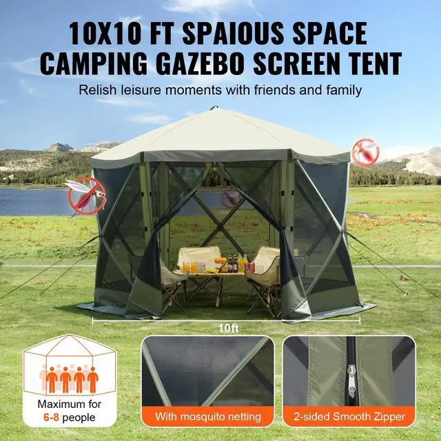 Alt view image 6 of 7 - Pop Up Gazebo Tent, Pop-Up Screen Tent 6 Sided Canopy Sun Shelter with 6 Removable Privacy Wind Cloths & Mesh Windows, 10x10FT Quick Set Screen Tent with Mosquito Netting, Army Green